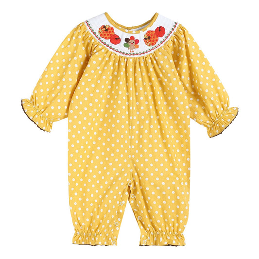 Mustard Smocked Bubble Sleeved Playsuit Pumpkins + Turkey