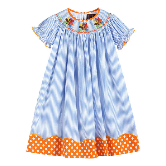 Blue & Orange Stripe Turkeys Smocked Bishop Dress