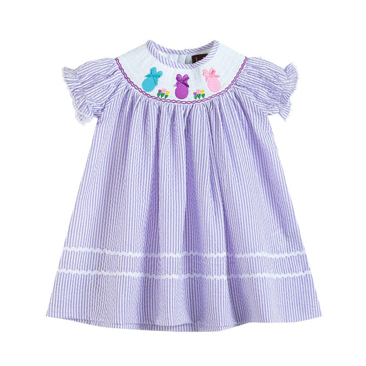 Lavender Seersucker Bunnies & Bows Smocked Bishop Dress