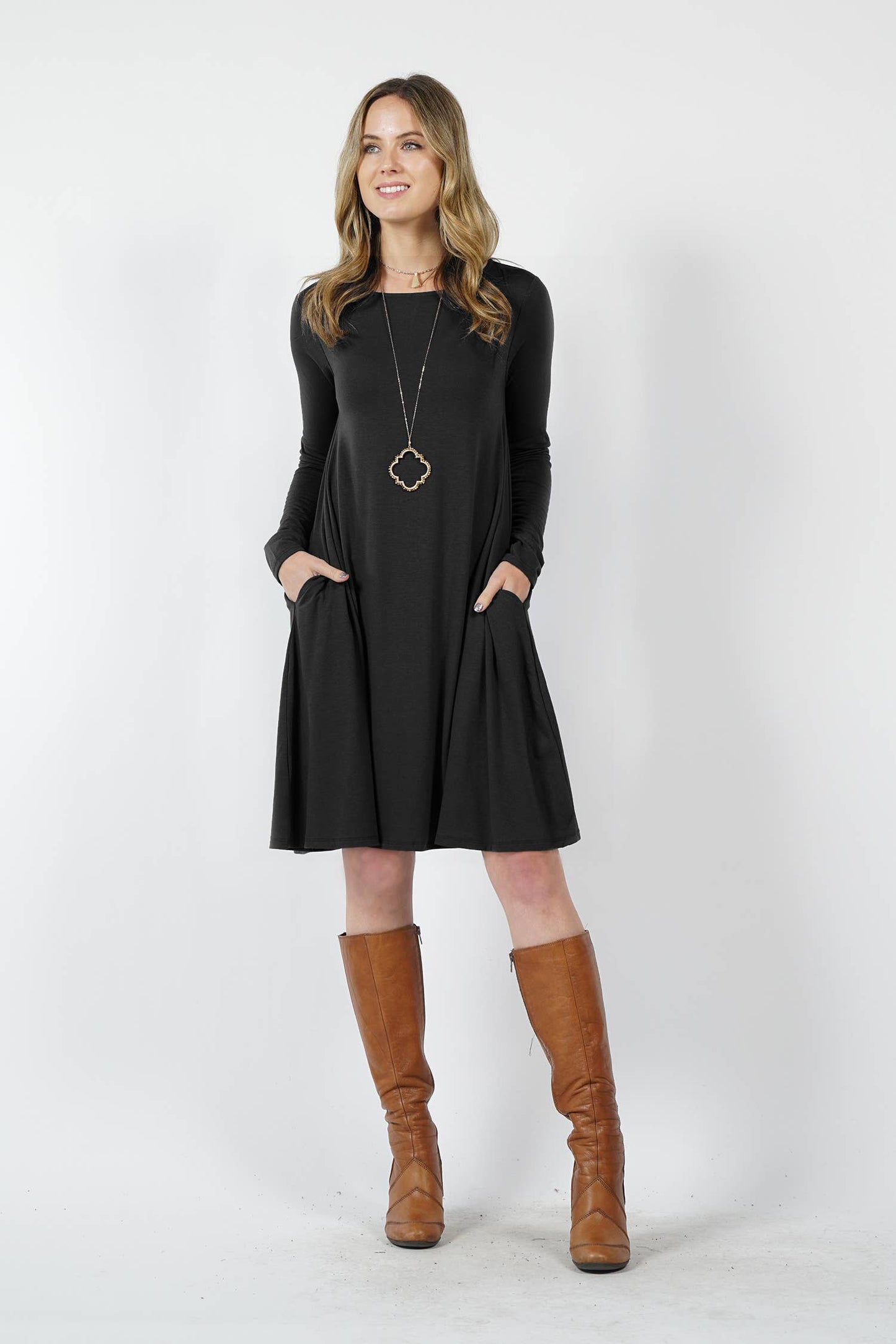 LONG SLEEVE FLARE DRESS WITH POCKETS