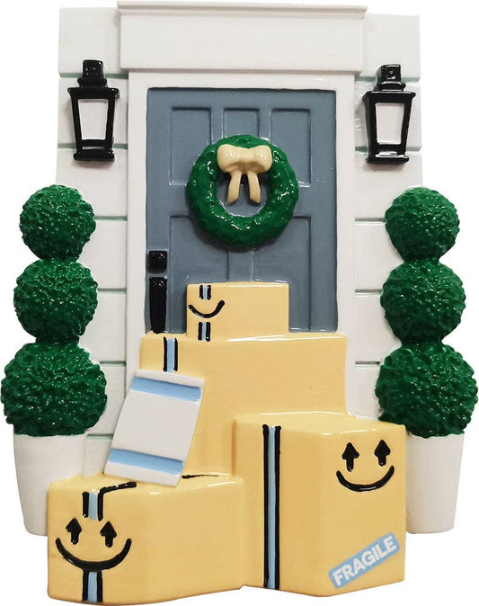 Blue Door with Wreath and Packages Personalized Ornament