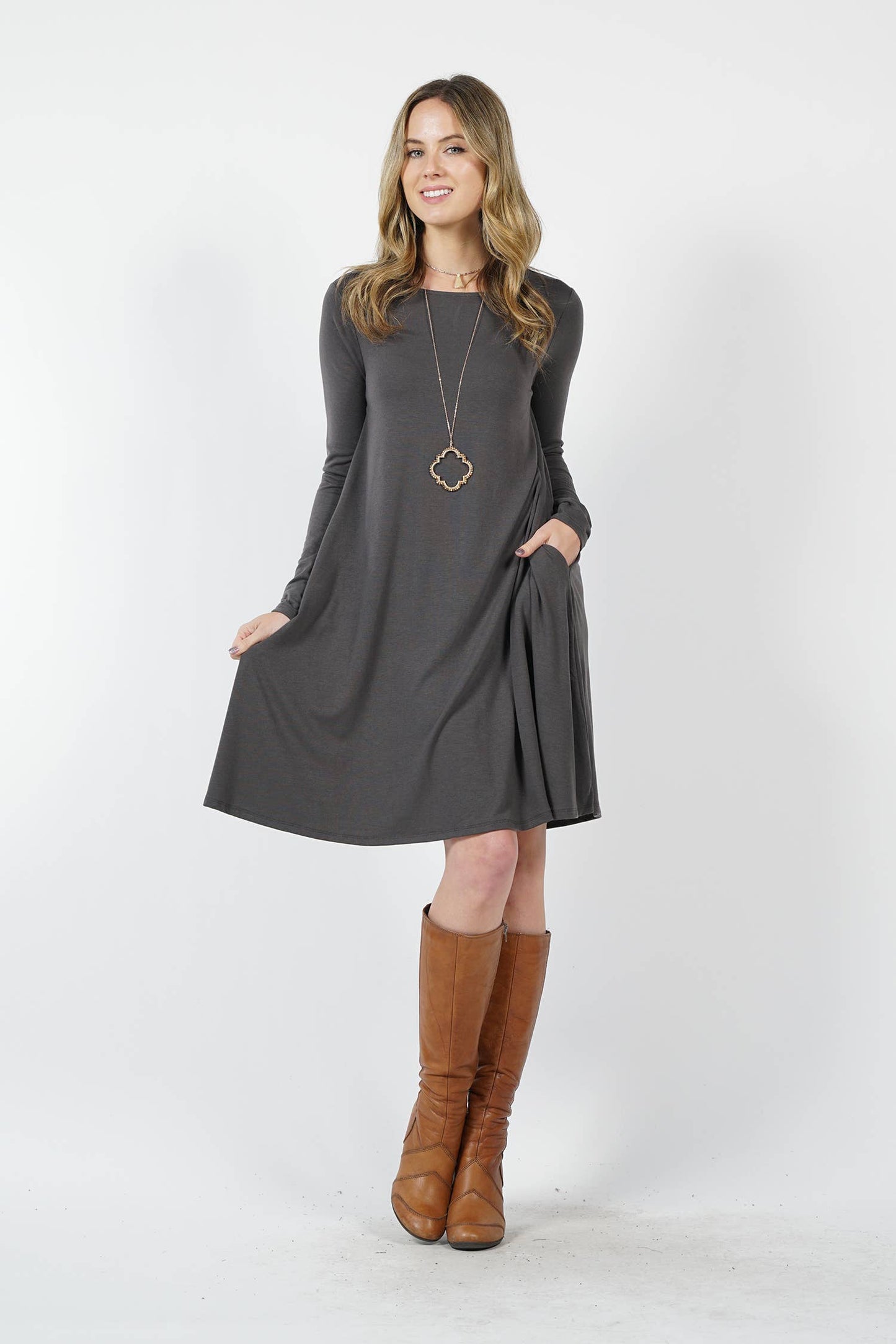 LONG SLEEVE FLARE DRESS WITH POCKETS