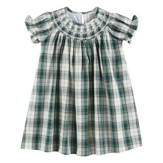 Dress - Green Tartan Smocked Bishop