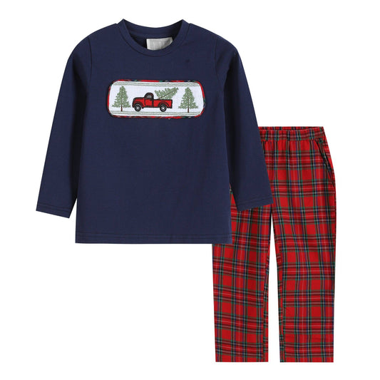 Navy and Red Christmas Plaid Smocked Top and Pants Set